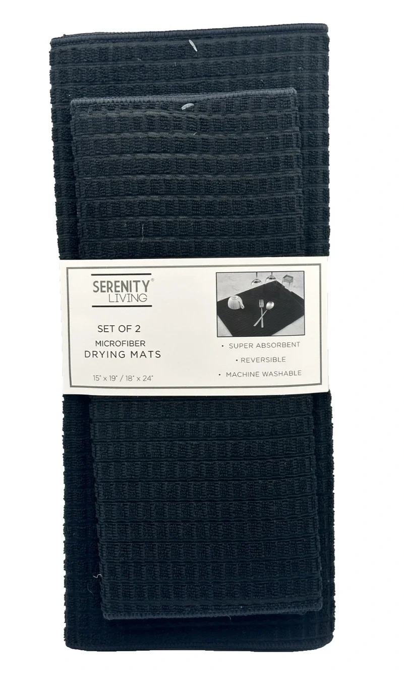 Serenity Living 2-Pack Microfiber Dish Drying Mats 15x19 & 18x24-Black